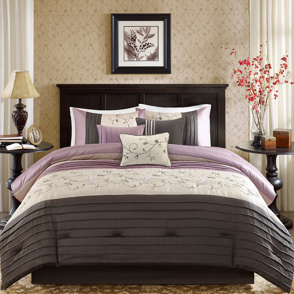 Serene Embroidered 7 Piece Comforter Set - Purple - King Size