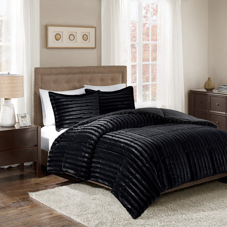 Madison Park Duke Faux Fur Comforter Mini Set - Black - King Size / Cal King Size