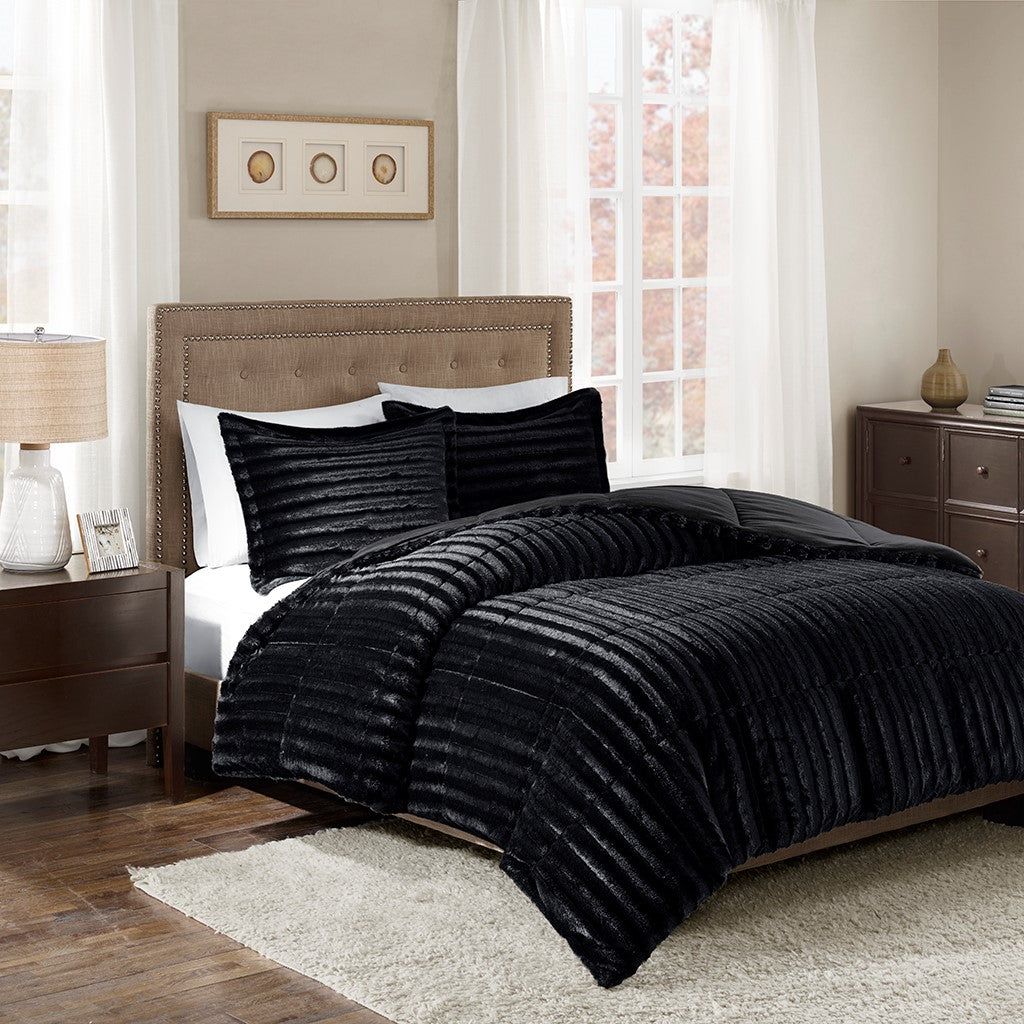 Madison Park Duke Faux Fur Comforter Mini Set - Black - Full Size / Queen Size