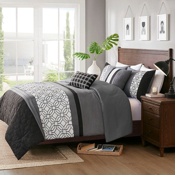 Donnell Embroidered 5 Piece Comforter Set - Black - Full Size / Queen Size