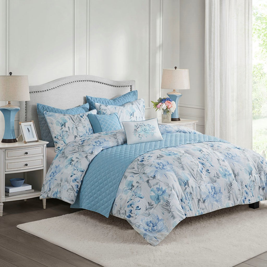 Madison Park Pema 8 Piece Printed Seersucker Comforter and Coverlet Set Collection - Blue - King Size / Cal King Size