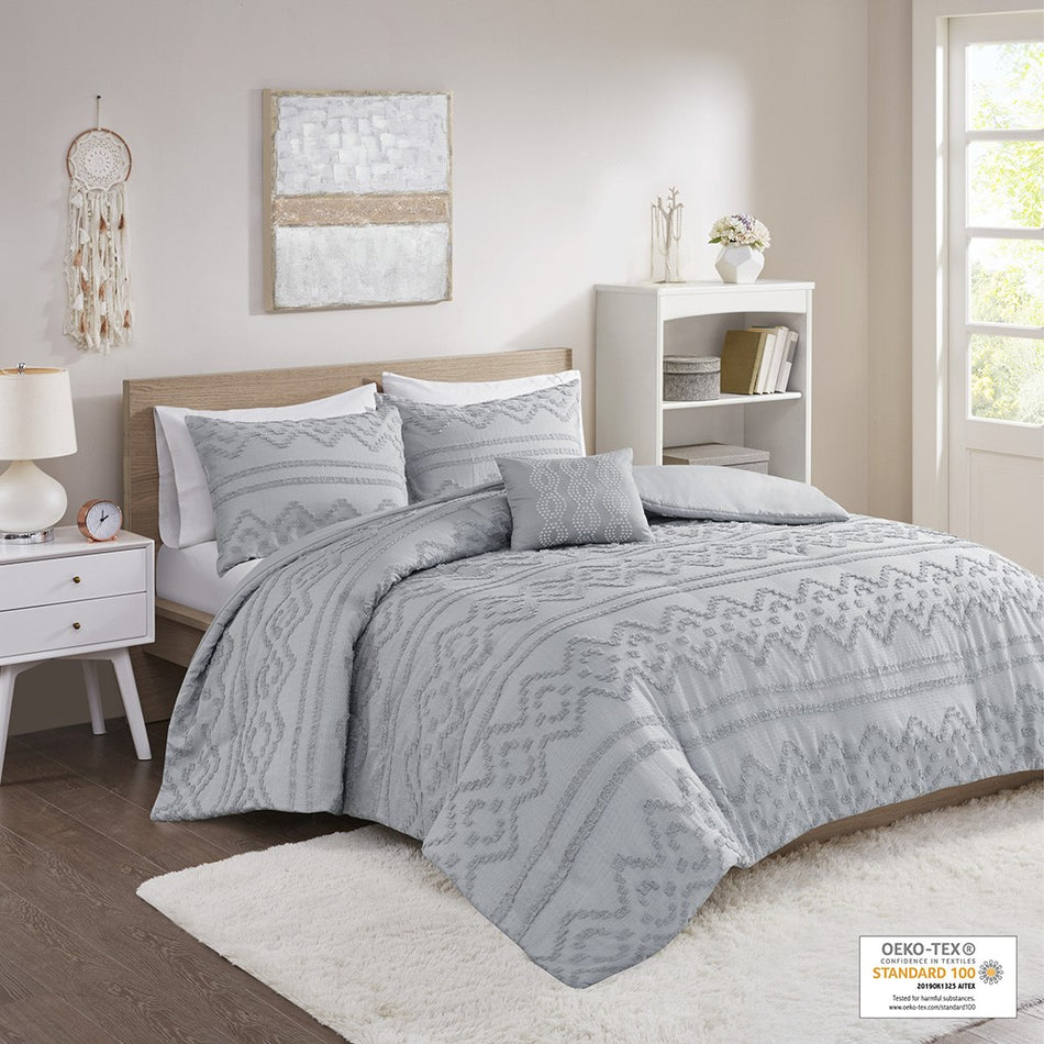Intelligent Design Annie Solid Clipped Jacquard Duvet Cover Set - Grey - Full Size / Queen Size