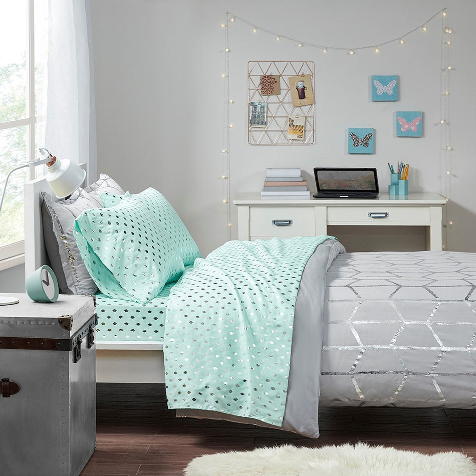 Metallic Dot Printed Sheet Set - Aqua / Silver - Twin Size