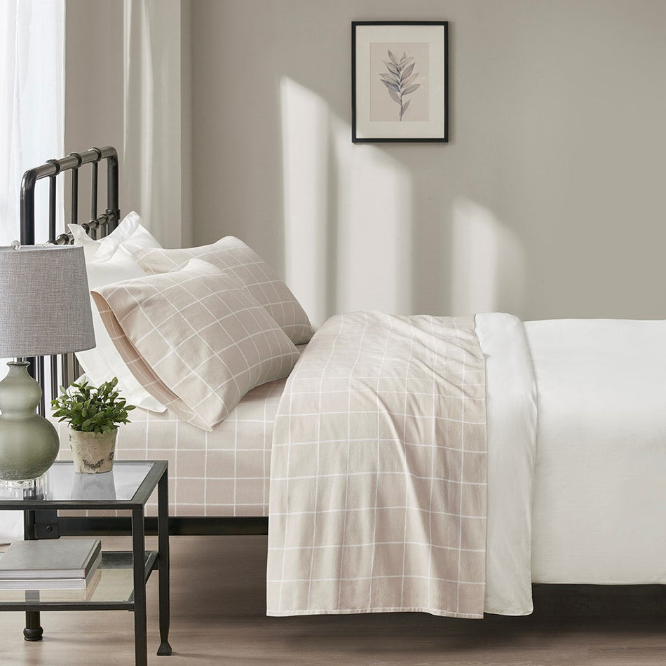Beautyrest Oversized Cotton Flannel 4 Piece Sheet Set - Beige Windowpane - King Size
