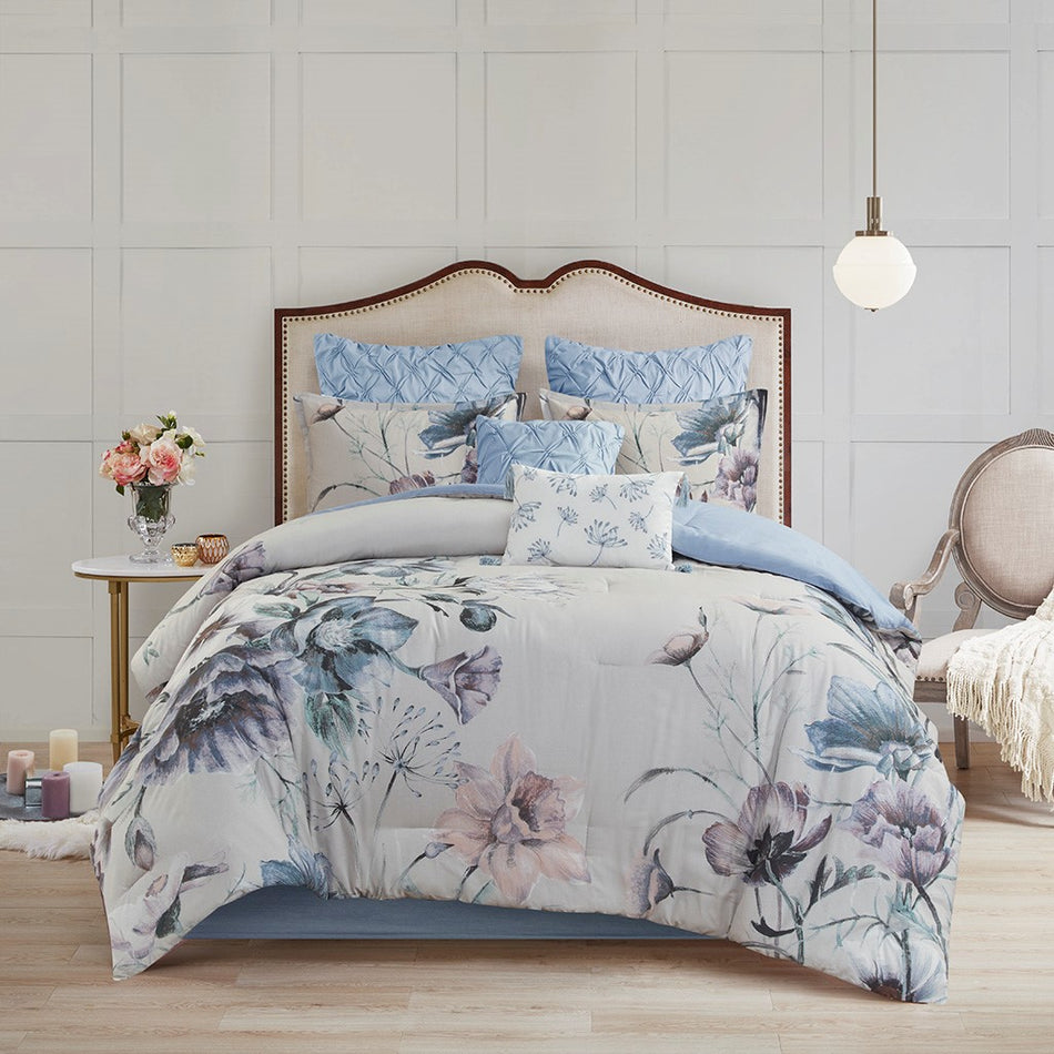 Cassandra 8 Piece Cotton Printed Comforter Set - Blue - King Size