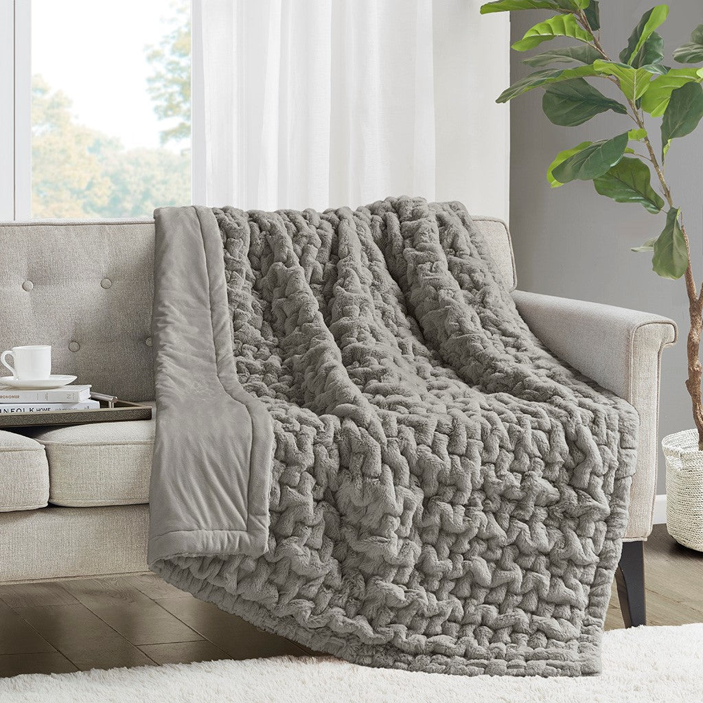 Madison Park Ruched Fur Throw - Grey - 50x60"