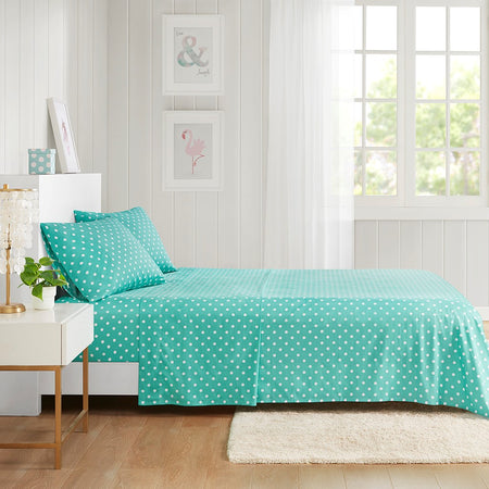 Mi Zone Polka Dot Printed 100% Cotton Sheet Set - Seafoam - Queen Size